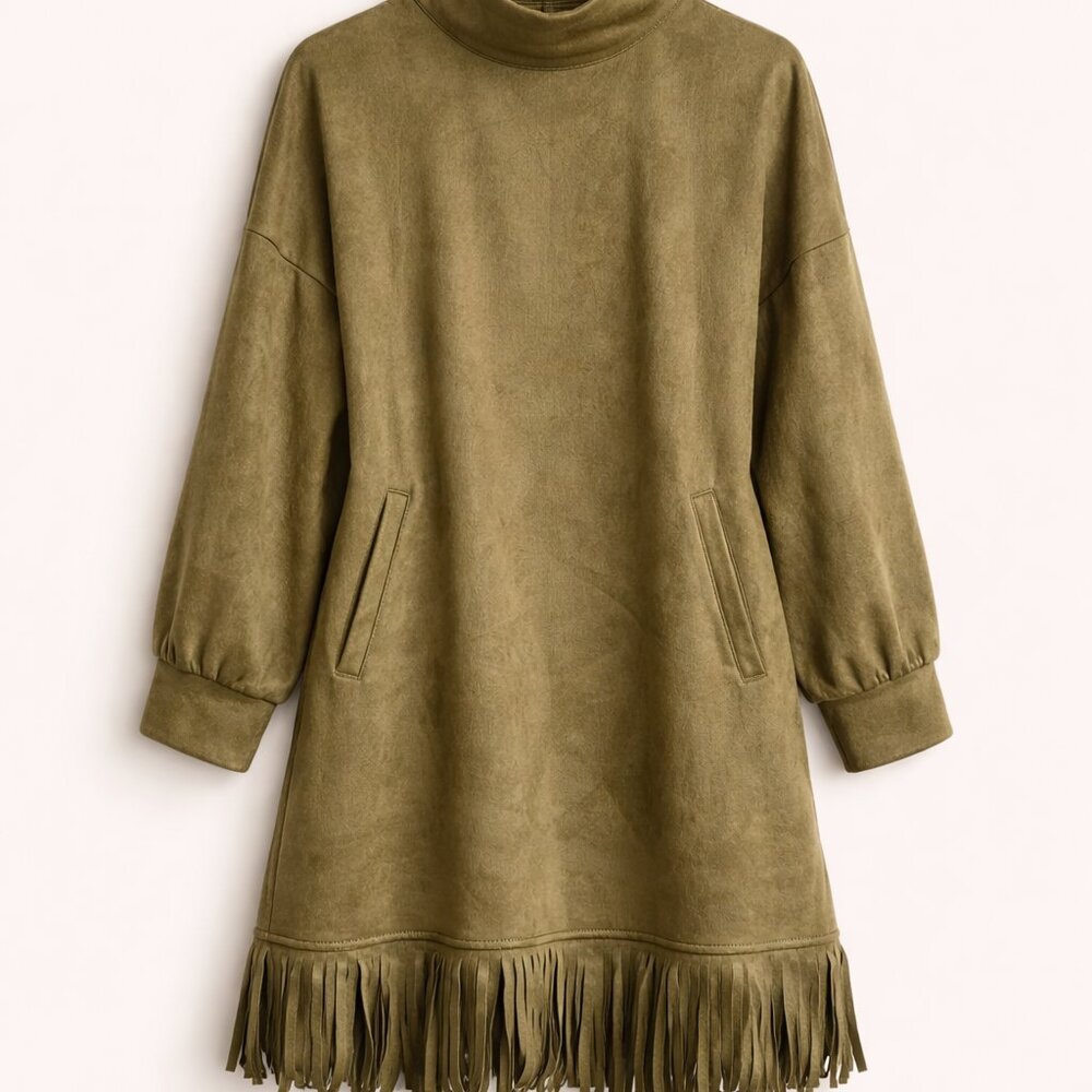 Olive Green Faux Suede Fringe Mini Dress – NWOT – Size Small